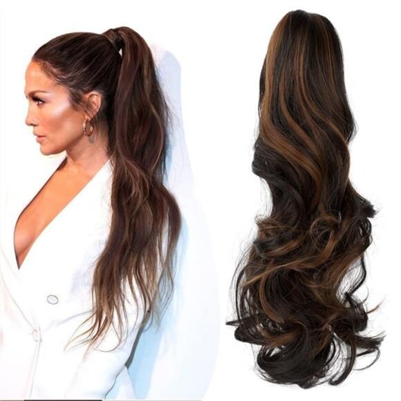 Claw Clip Ponytail Extension 18", Dark Brown Mix Light Auburn